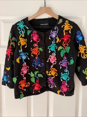 VTG Michael Simon Rainbow Monkey Embellished Cardigan Sweater